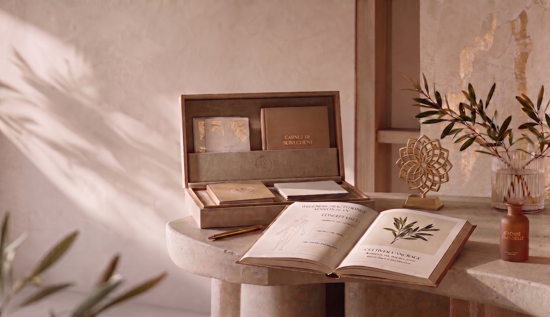 Coffret de supports LR Business Création posé sur une table : livret de présentation, carnet de suivi client et fiches conseils